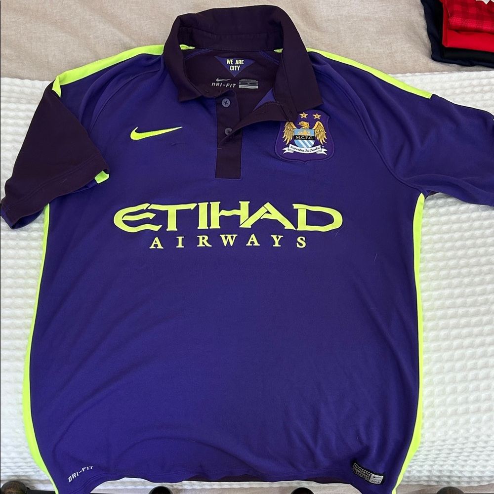 Nike Purple and Neon Yellow Manchester City Soccer Jersey